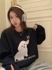 Korean Chic Sweet Brushed O-neck Hoodies Women Kawaii Dog Printed Loose Long Sleeve Top Y2k Streetwear Casual Fashion Sweatshirt