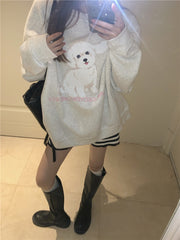 Korean Chic Sweet Brushed O-neck Hoodies Women Kawaii Dog Printed Loose Long Sleeve Top Y2k Streetwear Casual Fashion Sweatshirt