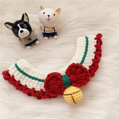 Dog Cat Crochet Bow Tie Collar Cute Knitted Scarf Plaid Pet Wool Bandana Collar with Flower Bell Cat Necklace